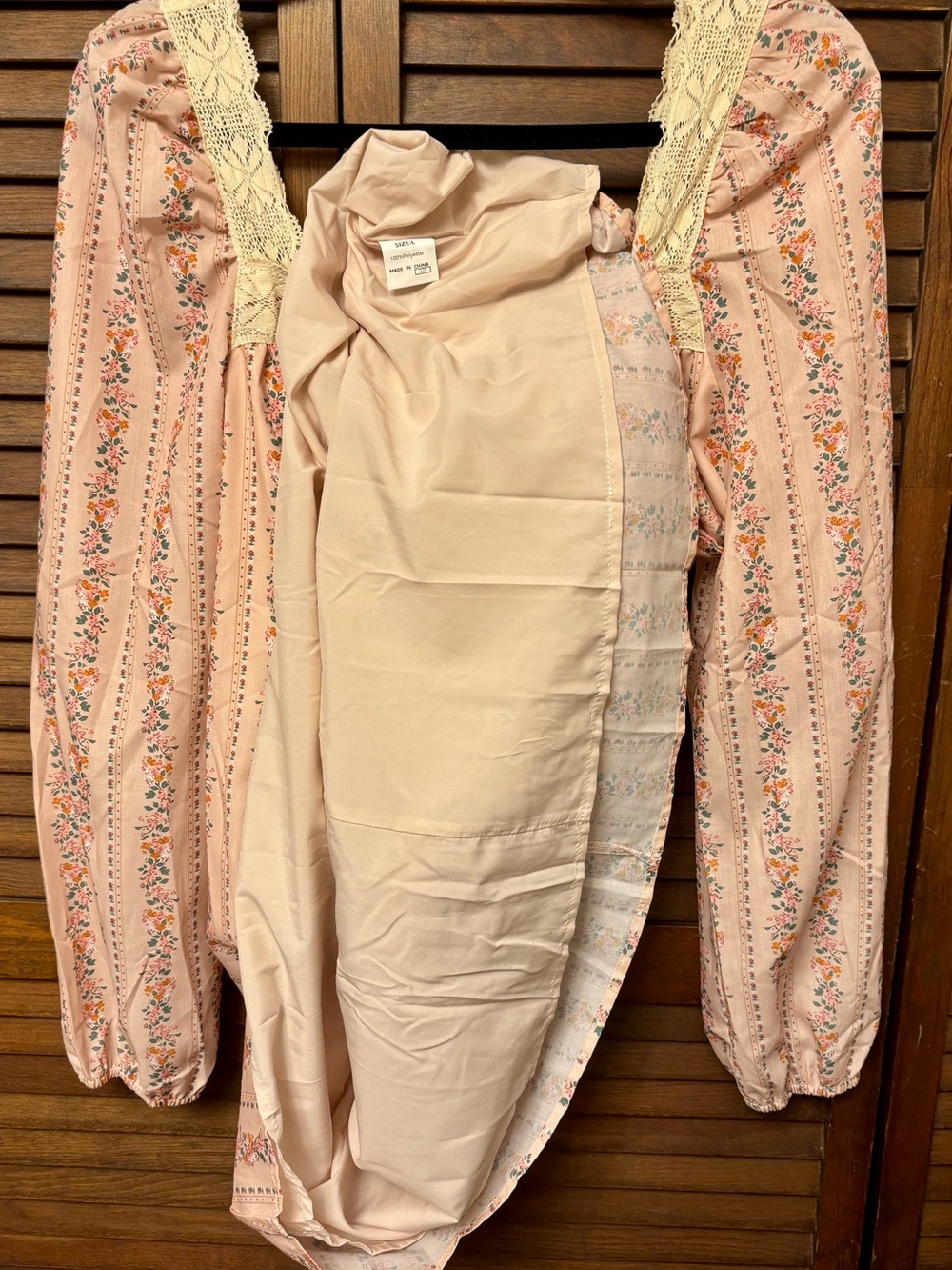 Peach Floral Long-Sleeve Peasant Dress with Velvet Bow & Lace Trim - Picture 10 of 13